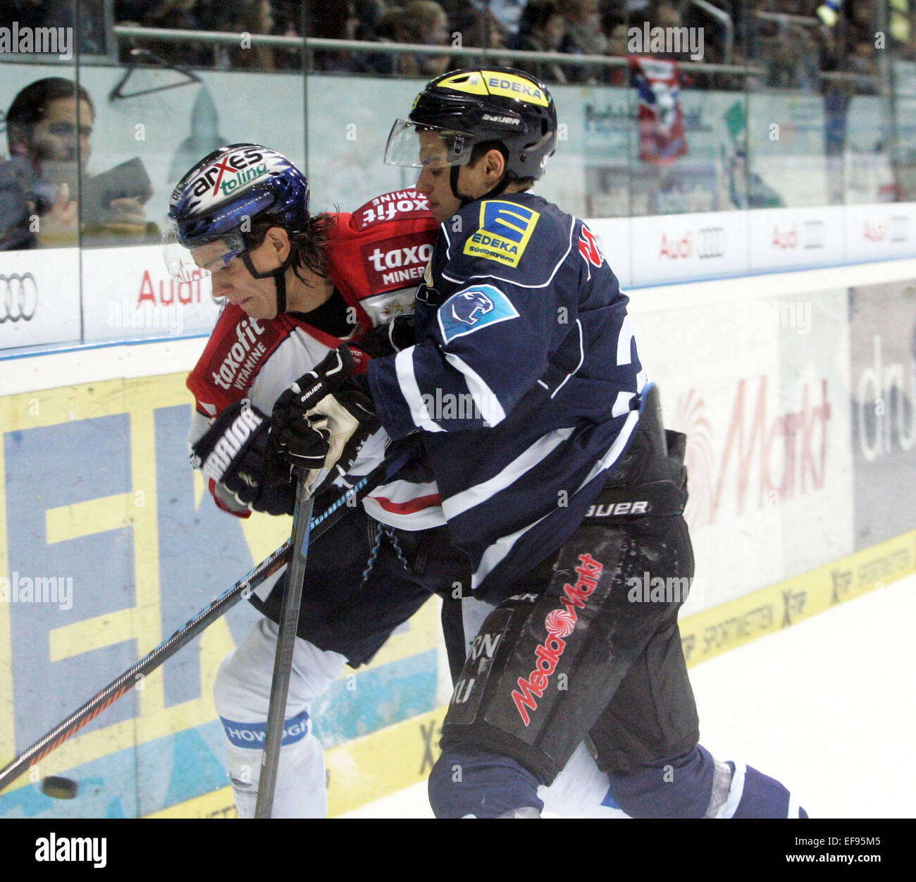 28. Januar 2015 - Ingolstadt, Bayern, Deutschland - Vincent SCHLENCKER/Berlin, 34Benedikt KOHL/Ingolstadt. Deutsche Eishockeyliga Spieltag 43,. ERC Ingolstadt Vs Eisbaeren Berlin. Ingolstadt, Saturn Arena, 27. Januar 2015, ...die Landesmeister Ingolstadt erhält ehemaligen Weltmeister, das Team Schloss von Anschutz Entertainment Group mit dem ehemaligen NHL-Spieler Uwe Krup jetzt als Headcoach. (Kredit-Bild: © Wolfgang Fehrmann/Wolfgang Fehrmann/ZUMA Wire) Stockfoto