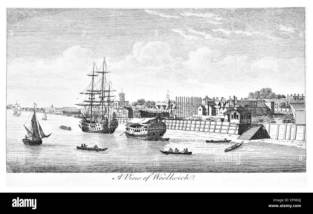 Kupferstich von 1776 Landschaft Schönheiten England elegantesten herrlichen öffentlichen Edifices.Woolwich Fluss Themse Segel Schiff hulk Stockfoto