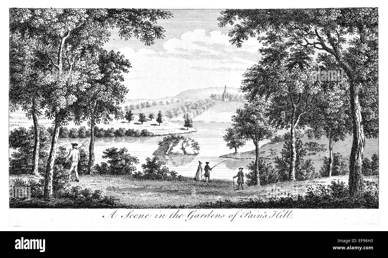 Kupfer-Gravur 1776 Landschaft Schönheiten England elegantesten herrlichen öffentlichen Edifices.Pain der Hügel Garten Cobham Surrey Stockfoto