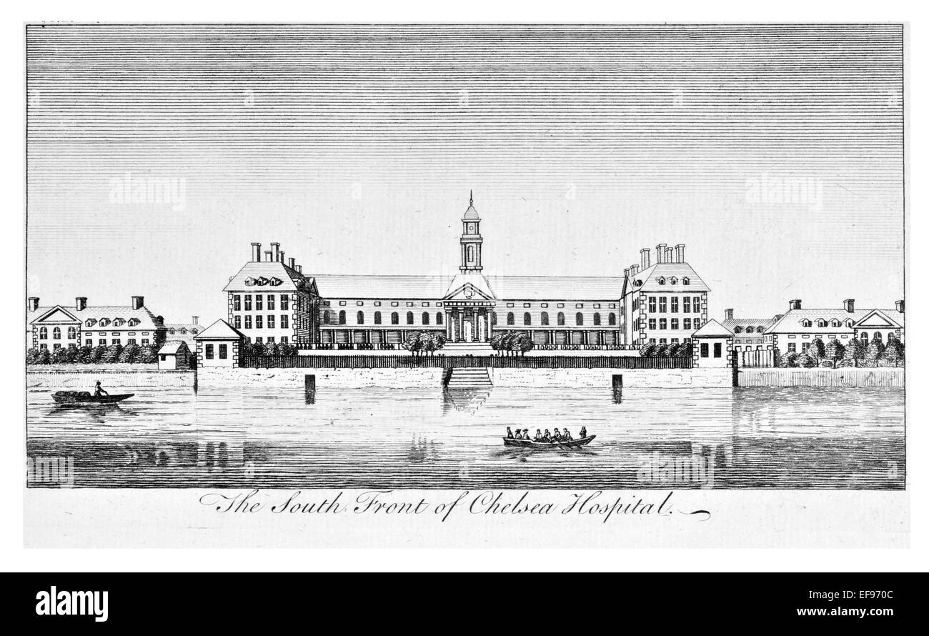 Kupfer-Gravur 1776 Landschaft Schönheiten England elegantesten herrlichen öffentlichen Edifices.south Front Chelsea Hospital London Stockfoto