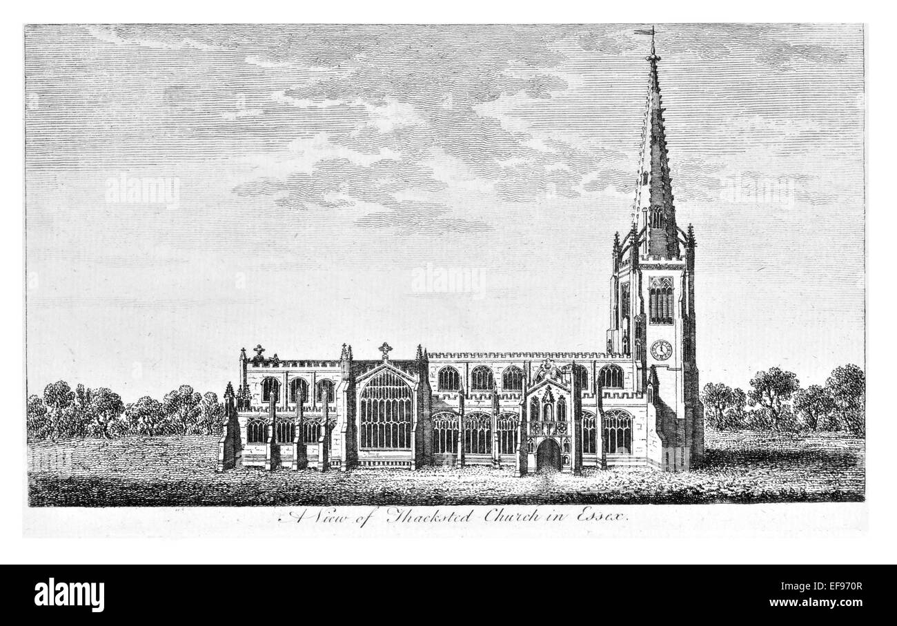 Kupfer-Gravur 1776 Landschaft Schönheiten England elegantesten prächtige öffentlichen Bauten. Thacksted Kirche Essex Stockfoto