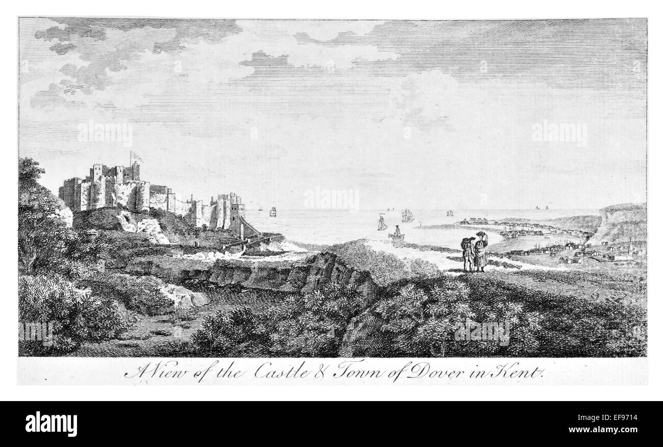 Kupfer-Gravur 1776 Landschaft Schönheiten England elegantesten prächtige öffentlichen Bauten. Dover Castle und Stadt Kent Stockfoto