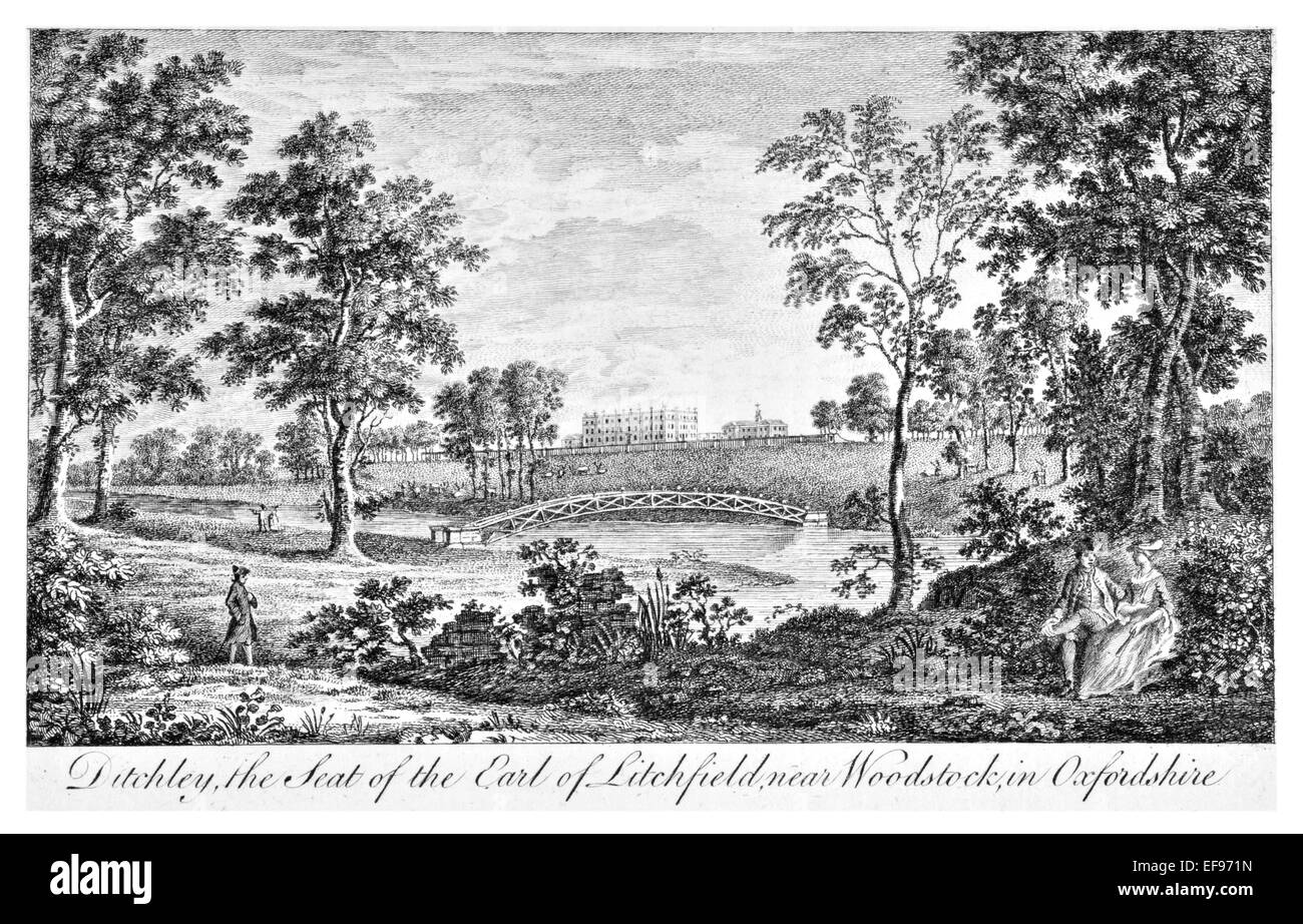 Kupfer-Gravur 1776 Landschaft Schönheiten England elegantesten prächtige öffentlichen Bauten. Ditchley Sitz Graf Litchfield Oxford Stockfoto