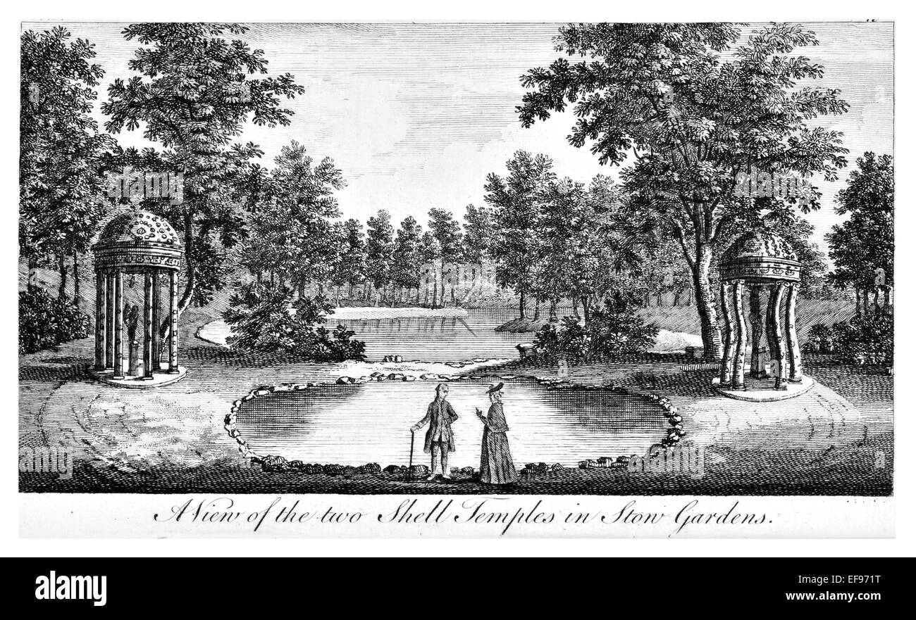 Kupfer-Gravur 1776 Landschaft Schönheiten England elegantesten herrliche öffentliche Edifices.Stow Garten Shell-Tempel Stockfoto