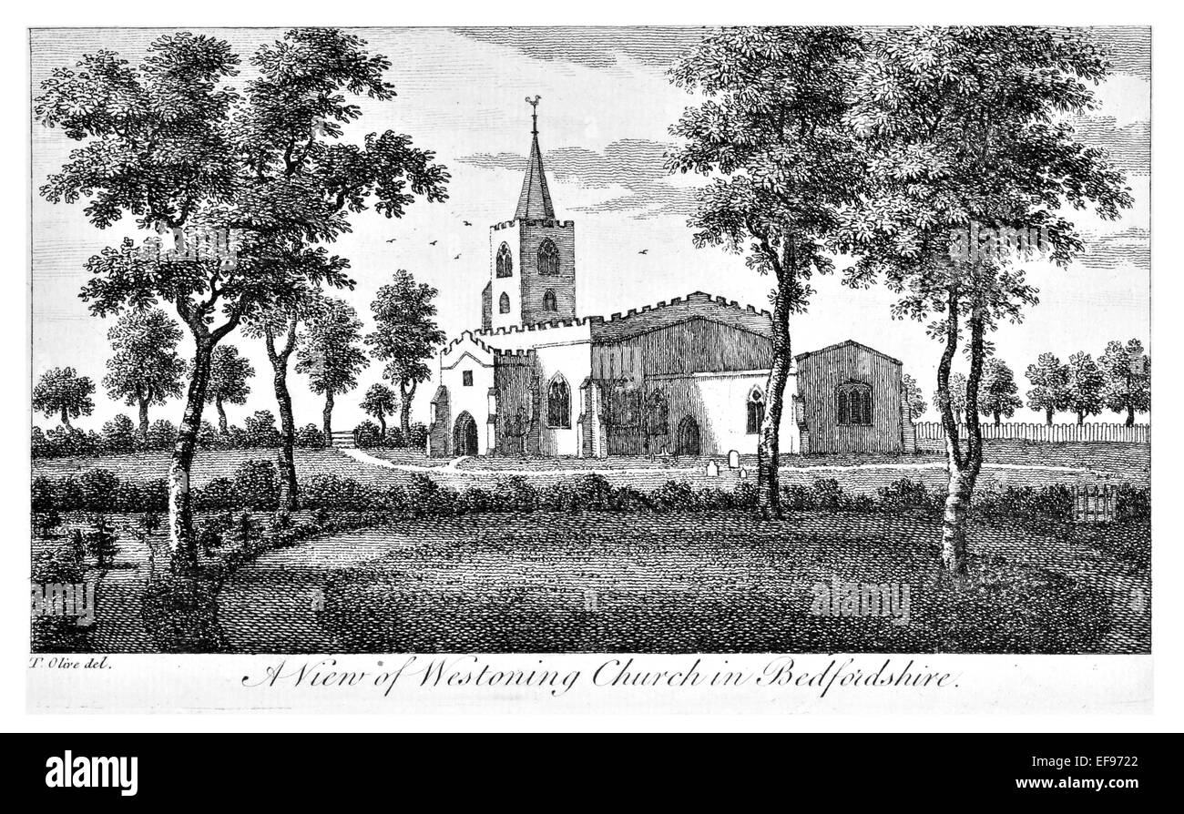 Kupfer-Gravur 1776 Landschaft Schönheiten England elegantesten prächtige öffentlichen Bauten. Westoning Kirche Bedfordshire Stockfoto
