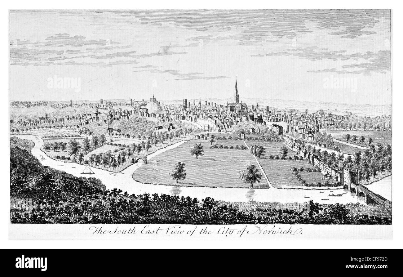 Kupfer-Gravur 1776 Landschaft Schönheiten England elegantesten prächtige öffentlichen Bauten. Süd-Ost-Ansicht Norwich City River Stockfoto