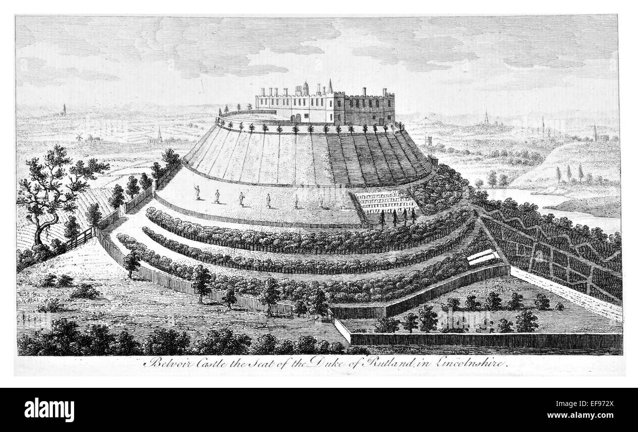 Kupfer-Gravur 1776 Landschaft Schönheiten England elegantesten prächtige öffentlichen Bauten. Belvoir Castle Sitz Herzog Rutland Stockfoto
