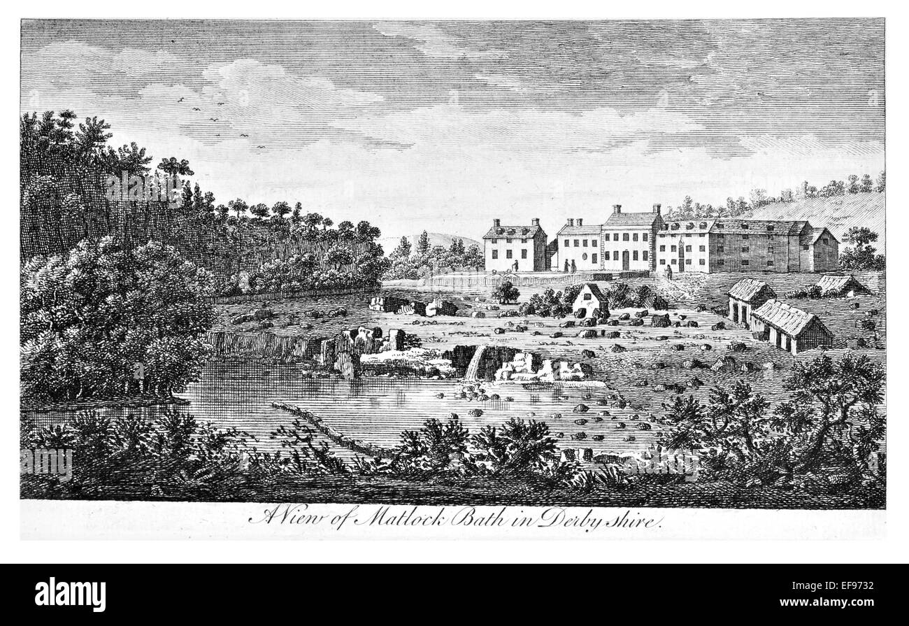 Kupfer-Gravur 1776 Landschaft Schönheiten England elegantesten prächtige öffentlichen Bauten. Matlock Bath Derbyshire Stockfoto