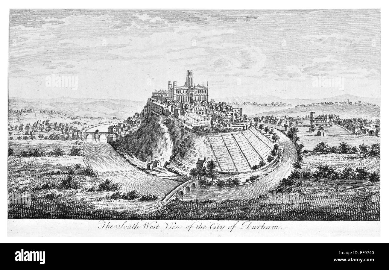 Kupferstich, 1776 Landschaft Schönheiten England elegantesten herrlichen öffentlichen Bauten Süd-West Stadt von Durham Flusses Wear Stockfoto