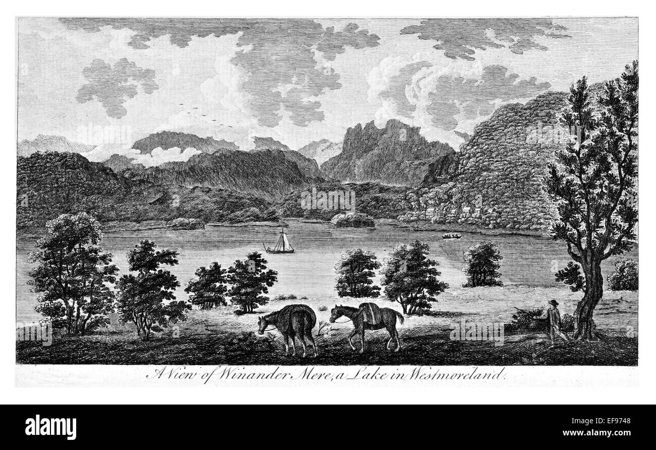 Kupfer-Gravur 1776 Landschaft Schönheiten elegantesten herrlichen öffentlichen Bauten Winander bloße Windermere See Westmoreland Stockfoto