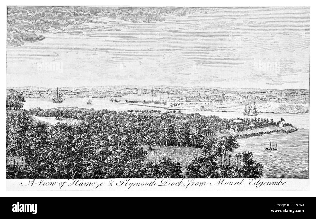 Kupfer-Gravur 1776 Landschaft Schönheiten England elegantesten herrlichen öffentlichen Bauten Hamoze Plymouth dock.from Edgcumbe Stockfoto