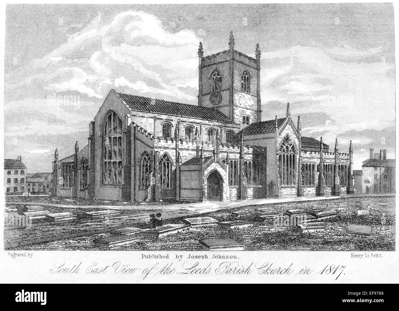 Ein Stich einer Südost-Ansicht der Leeds Parish Church im Jahr 1817, der in hoher Auflösung von einem 1861 gedruckten Buch gescannt wurde. Für urheberrechtlich frei gehalten. Stockfoto
