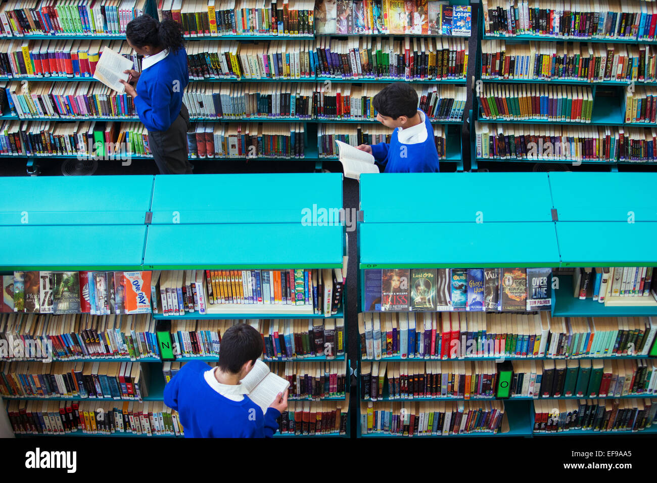 Erhöhten Blick auf Schülerinnen und Schüler Bücher in der Bibliothek durchsuchen Stockfoto