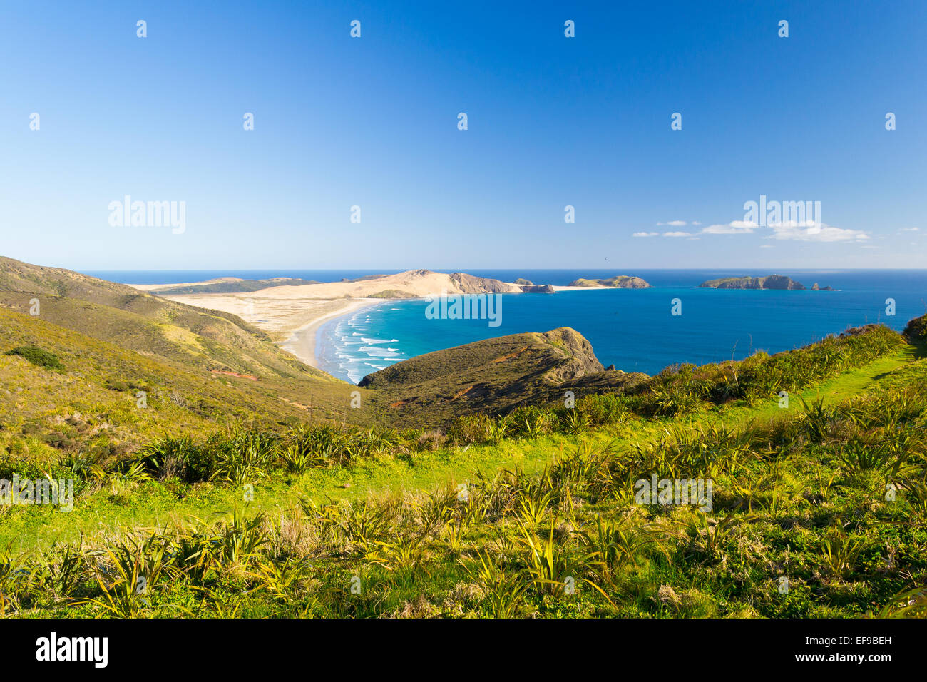 Atemberaubende Aussicht von der Tasmansee von der Landzunge des Cape Reinga in einem hellen Wintertag, Neuseeland Nordinsel. Hier beginnen Stockfoto