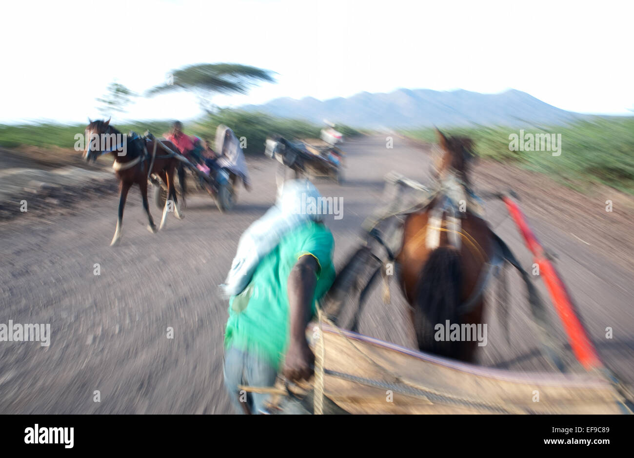 Ein Fahrer zieht seinem Pferdewagen zu helfen, das Pferd zu bewegen. Im Hintergrund ist der Fantale Krater sichtbar (Äthiopien) Stockfoto