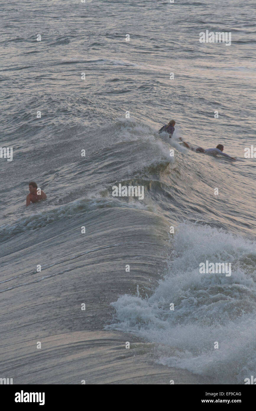 Von oben gesehen, Surfer, die darauf warten, eine mächtige Meereswelle von Hurrikan Sandy zu fangen Stockfoto