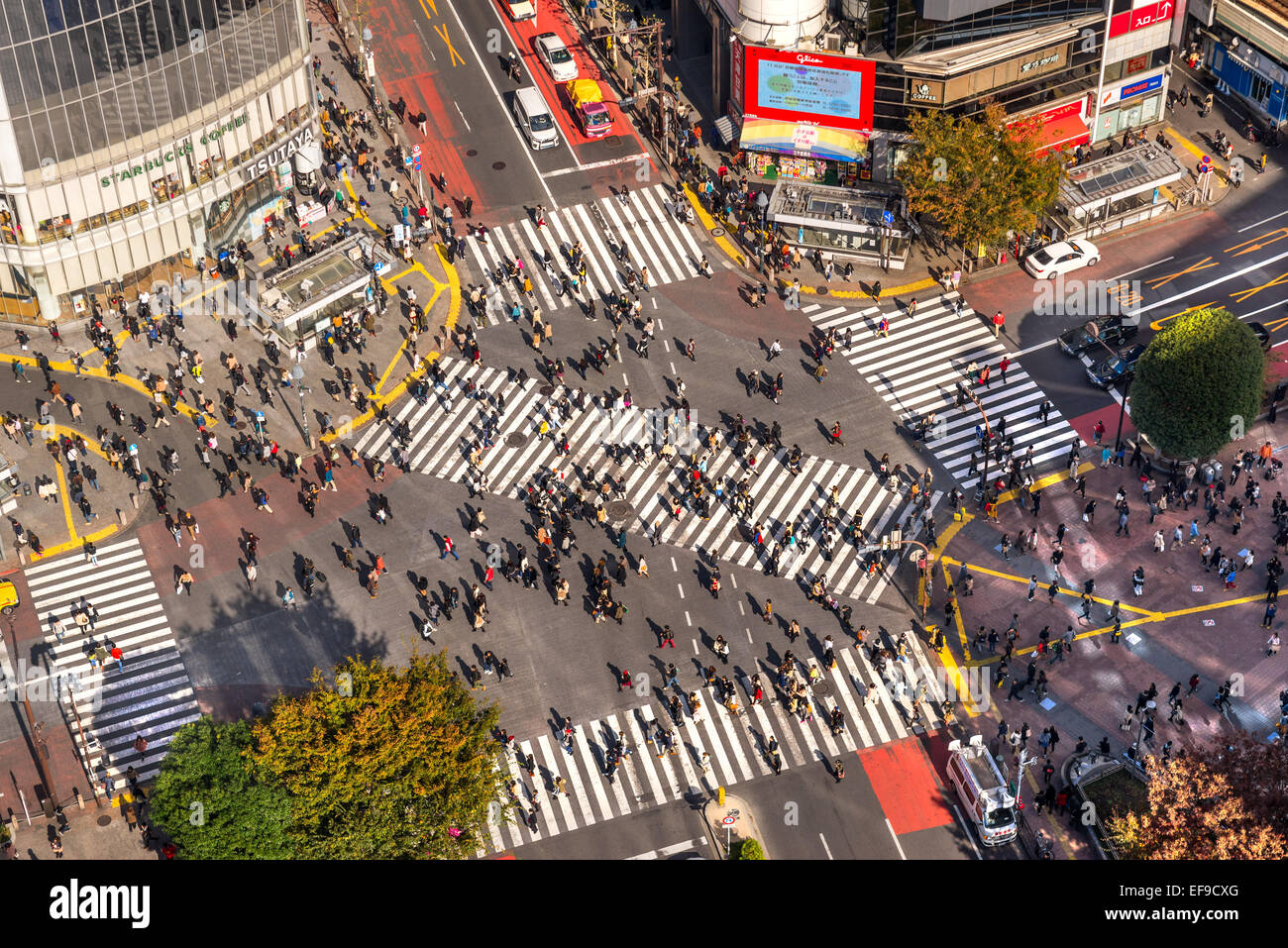 Tokio - NOVEMBER 15: Shibuya Kreuzung 12. November 2014 in Tokio, Japan. Die Überfahrt ist eines der weltweit bekanntesten Prüfung Stockfoto