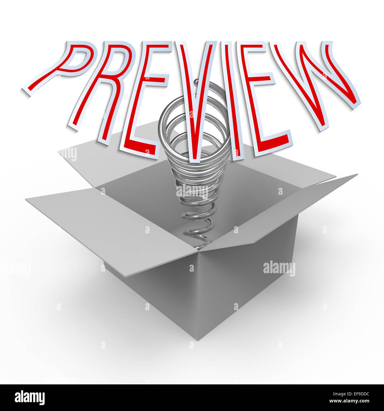 3D Karton mit Pop-up caption "Vorschau".  Konzept der schnellen Nachschlagen, Vorpremiere zeigen, denken über den Tellerrand. Abstrakt Stockfoto