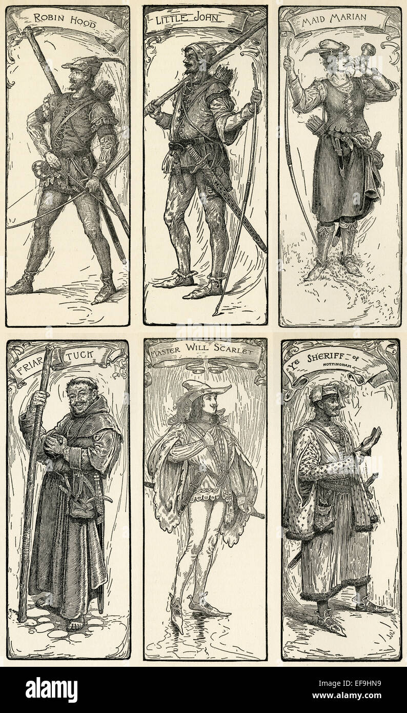 Robin Hood, Little John, Maid Marian, Bruder Tuck, Master Will Scarlett, der Sheriff von Nottingham. Stockfoto