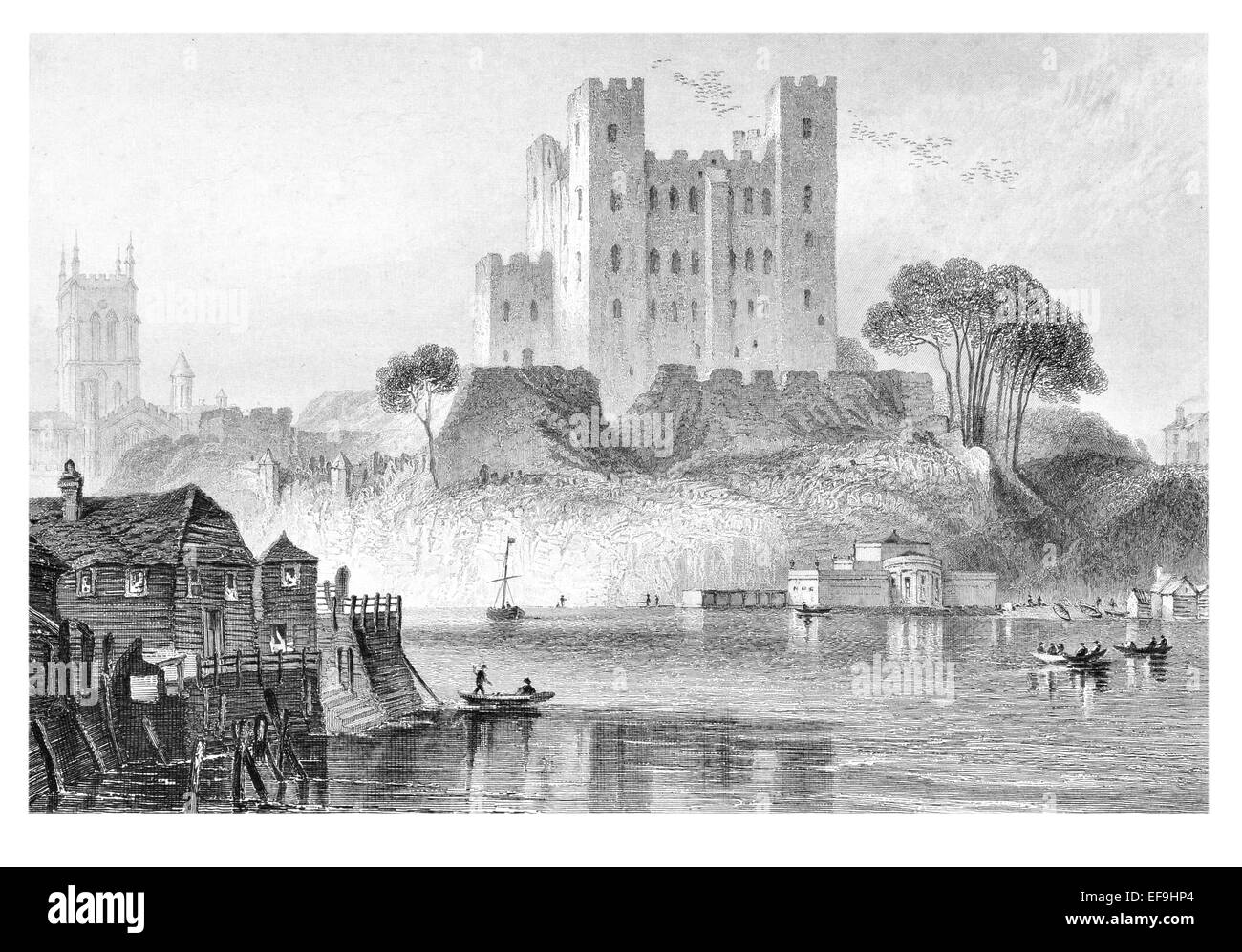 Stahlstich von Burgen und Abteien von Rochester Castle England 1842 Stockfoto