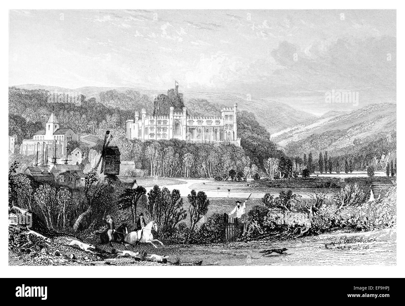 Stahlstich-1842 von Burgen und Abteien von England Arundel mittelalterliche Burg West Sussex Roger de Montgomery Fuchsjagd Stockfoto