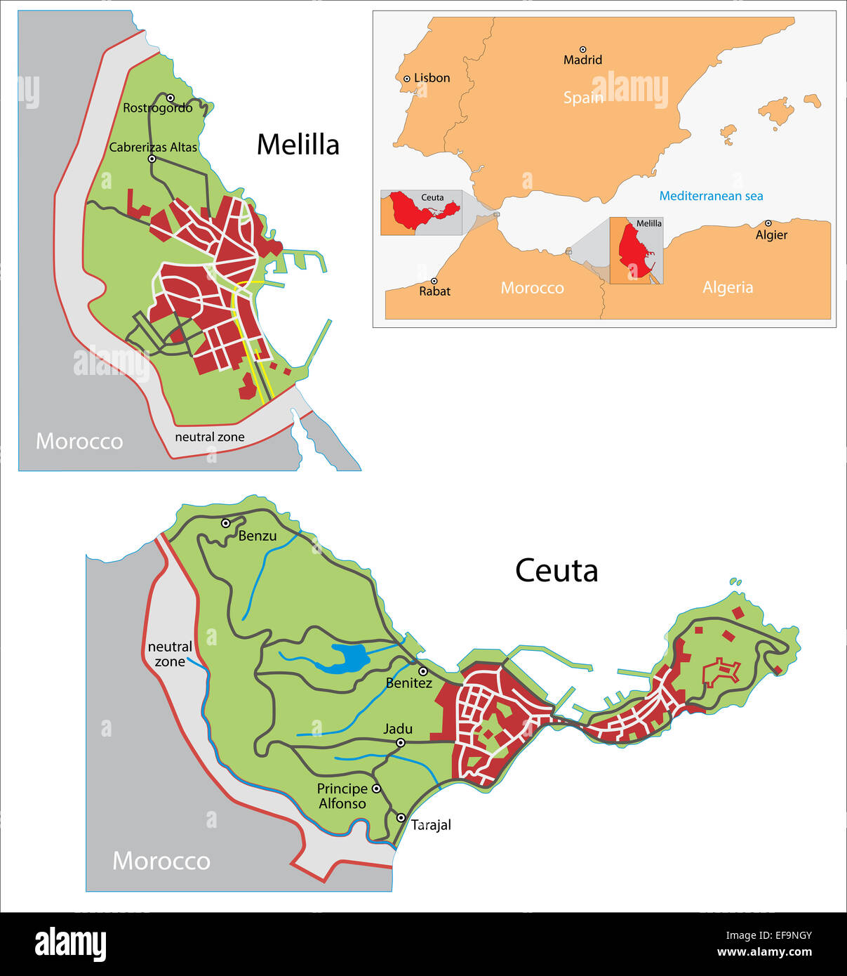 Ceuta Und Melilla Karte Stockfotografie Alamy