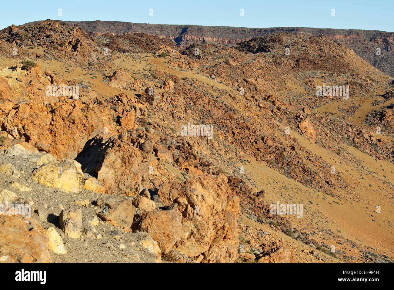 Blick vom Las Minas de San José über die Caldera, die Las Cañadas del Teide, den Teide-Nationalpark, Stockfoto
