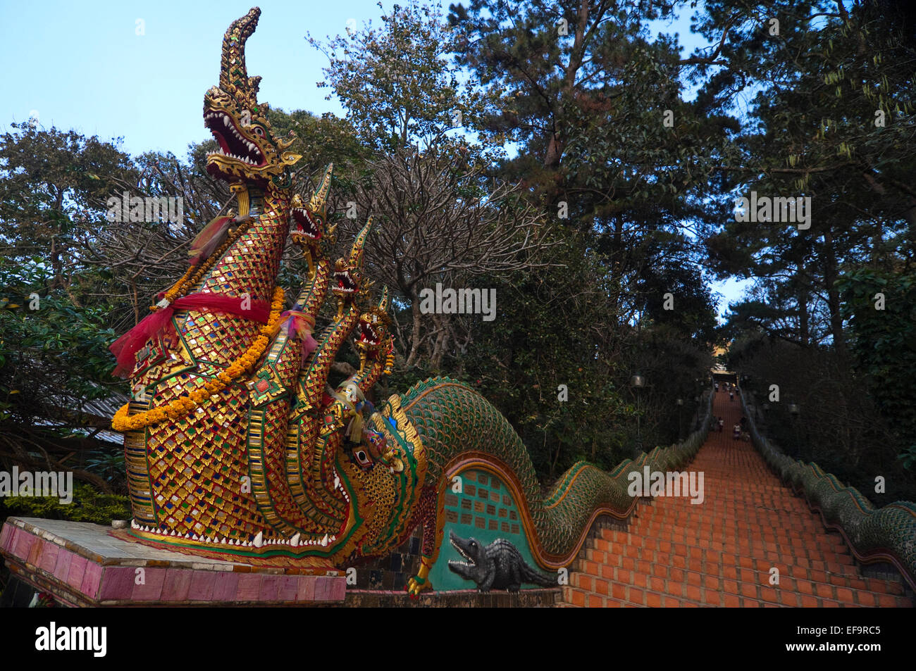 Horizontale Nahaufnahme der großen Drachen bewachen den Eingang zum Wat Doi Suthep Stockfoto