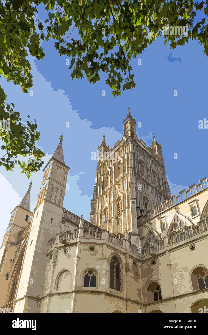 Ein Plakat Stil Darstellung der Kathedrale von Gloucester, Gloucestershire, England, UK Stockfoto