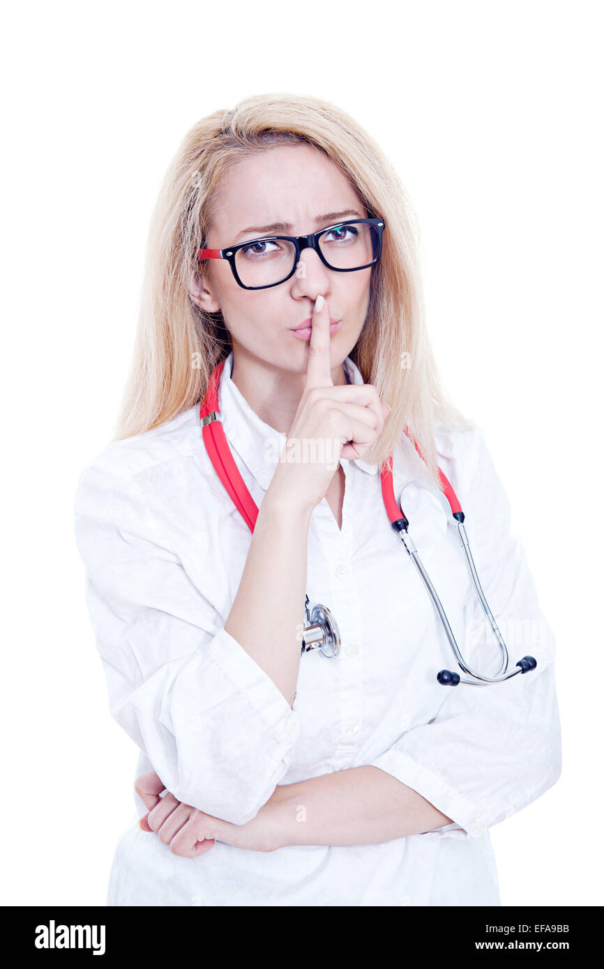 attraktive Dame Arzt bestellen Stille auf dem weißen Hintergrund Stockfoto