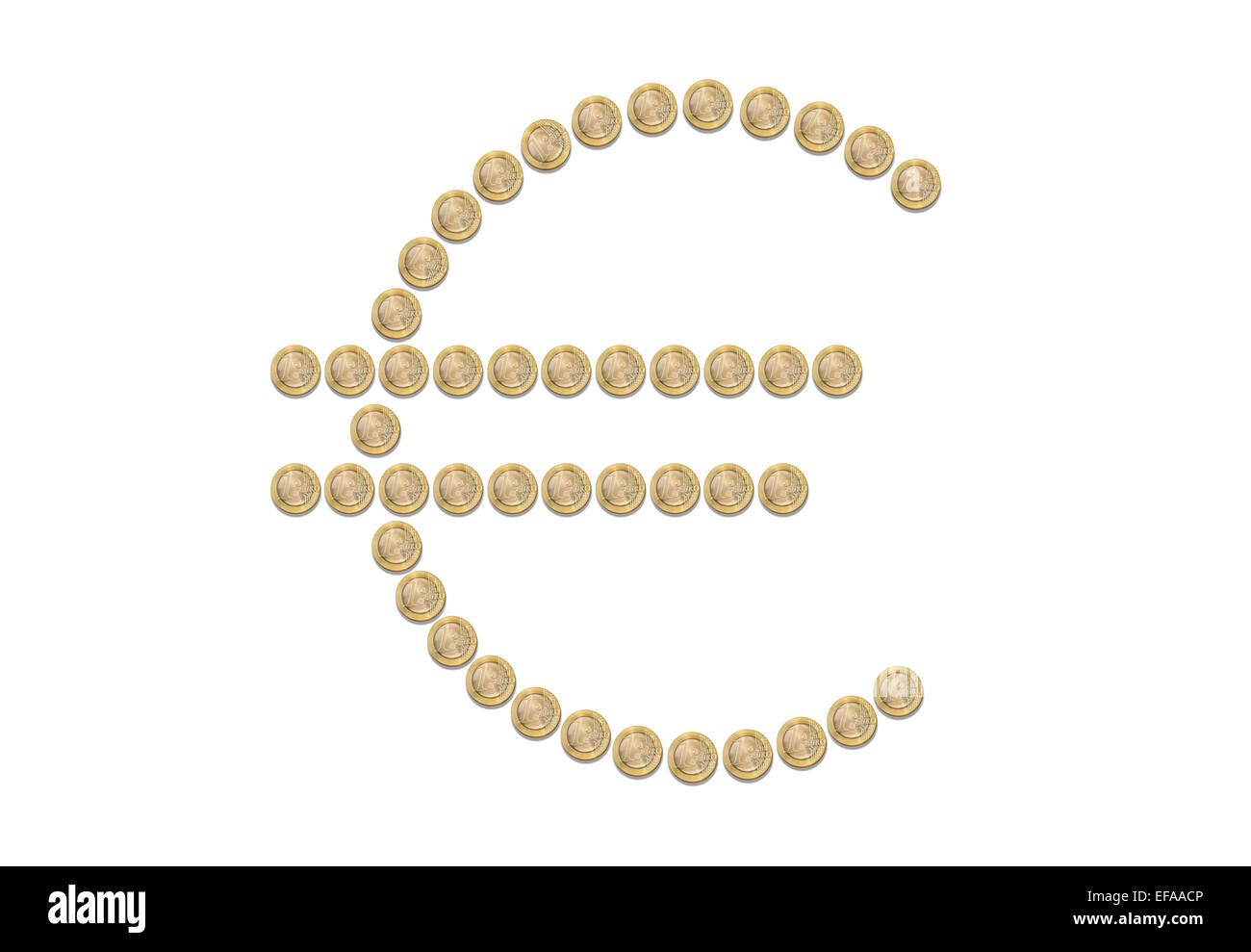 Gruppe von einer Euro-Münzen, gebildet als Euro-Symbol auf weißem Hintergrund Stockfoto
