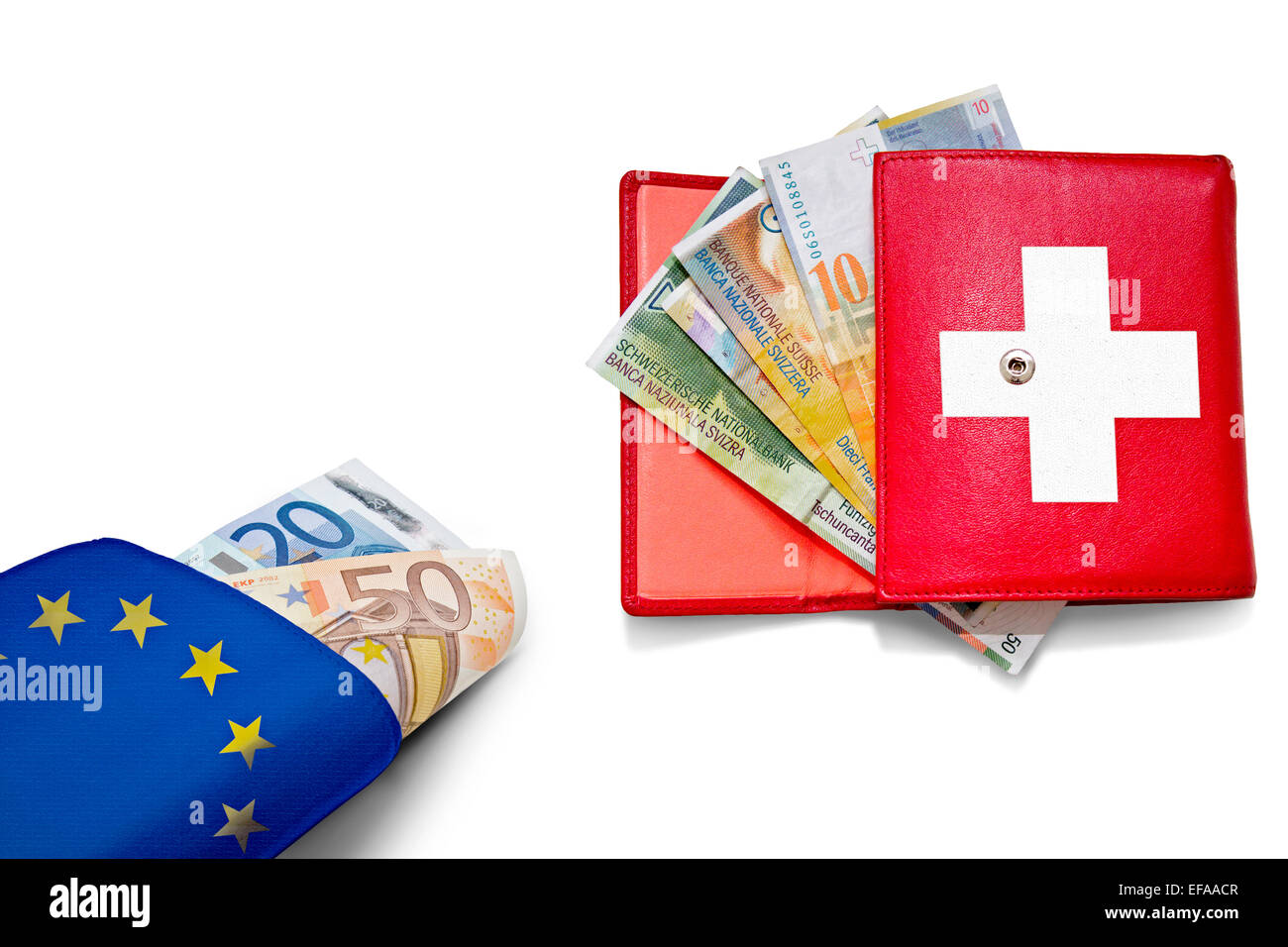 Schweizer Franken und Euro-Geldbörsen mit Nationalfarben Banner einblenden Stockfoto