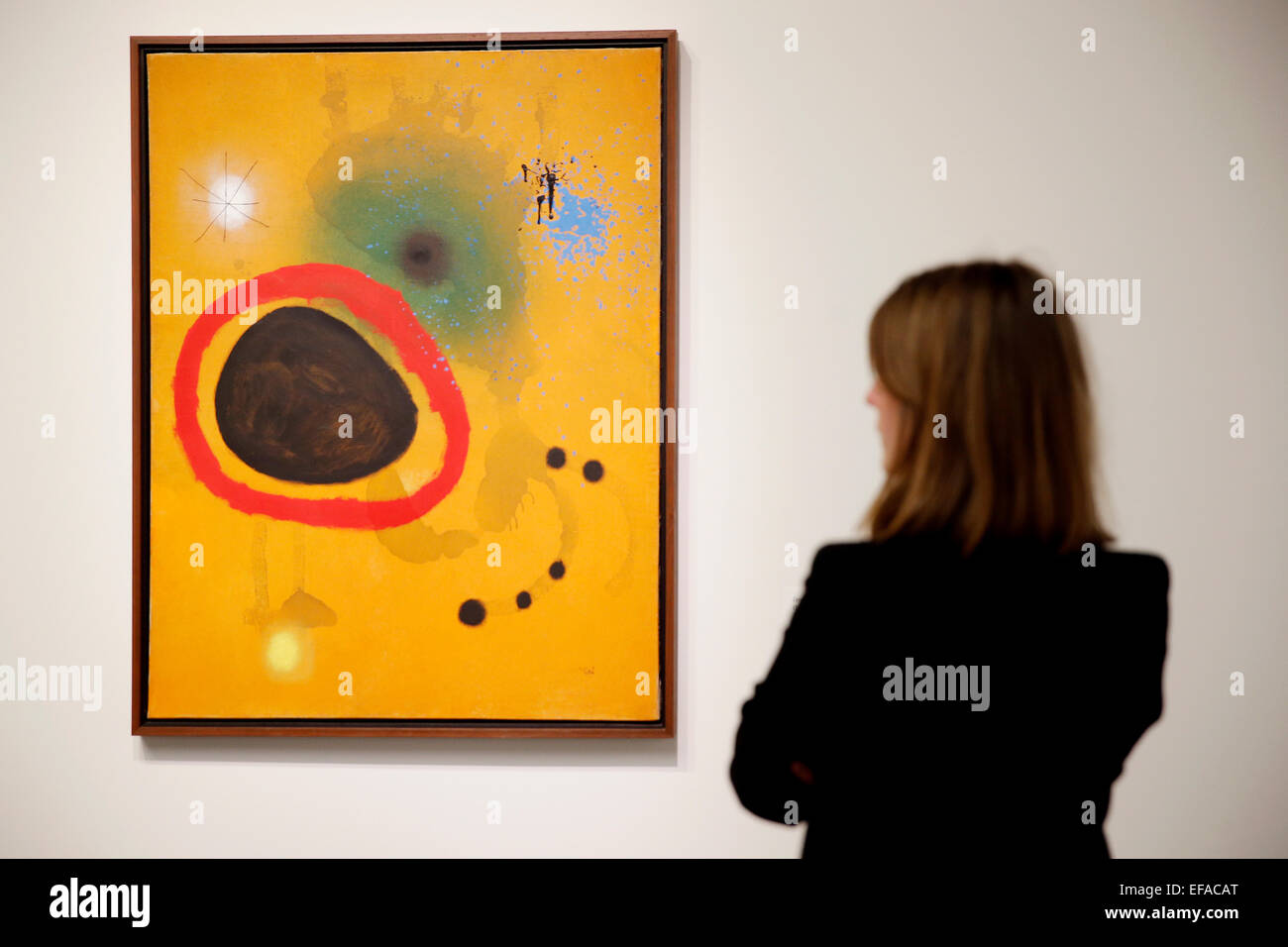 Eine Frau bewundert ein Gemälde des katalanischen Künstlers Joan Miró (1893-1983) an der Bucerius Kunstforum in Hamburg, Deutschland am 29. Januar 2015. Die Ausstellung "Miro. Kunstströmungen als Poesie "(Miro. Malerei als Poesie), läuft bei der Bucerius Kunstforum vom 31. Januar - 25. Mai 2015. Foto: Jörn Bangigkeit/dpa Stockfoto