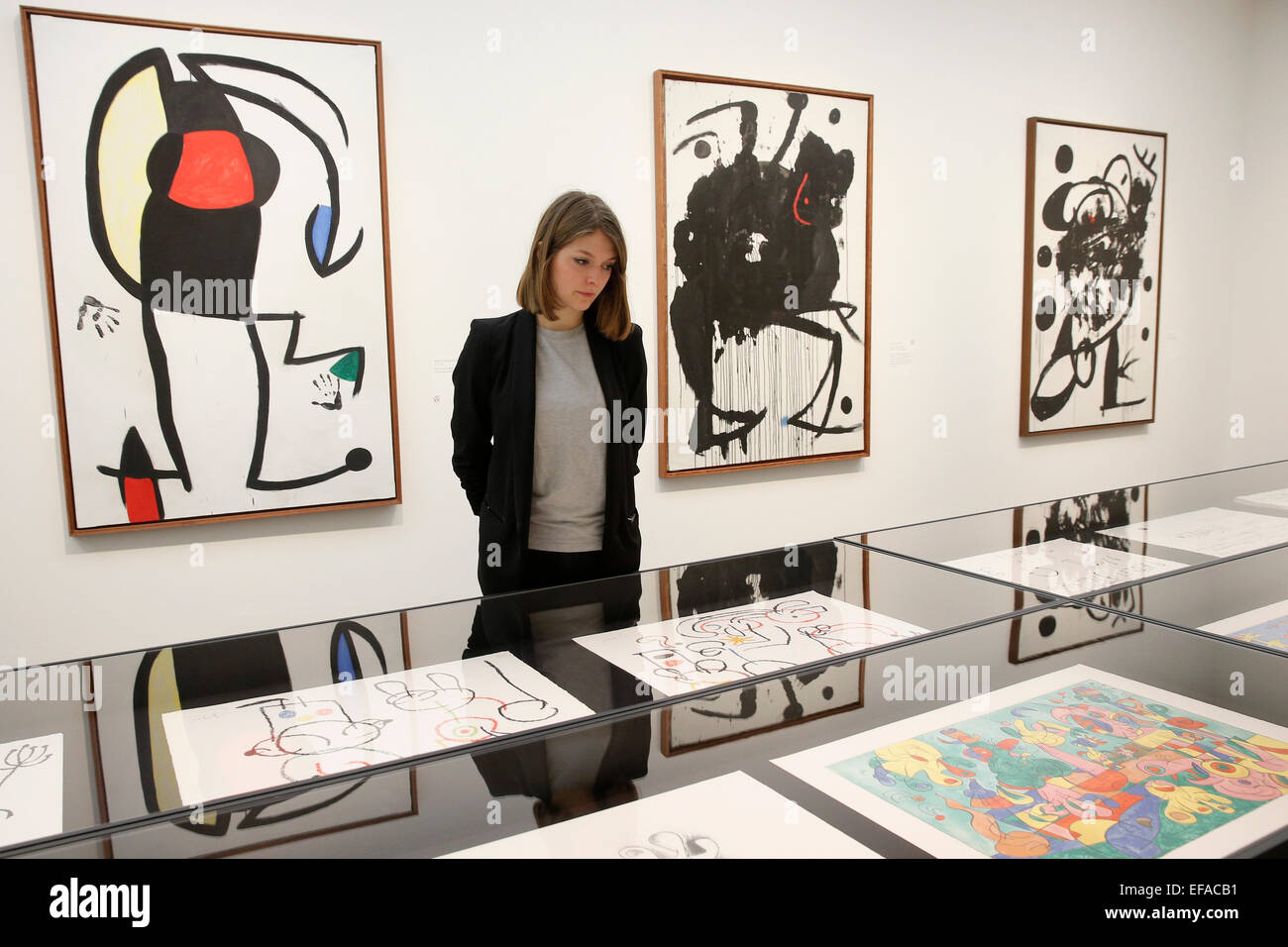 Eine Frau, die Arbeit des katalanischen Künstlers Joan Miró (1893-1983) an der Bucerius Kunstforum in Hamburg, Deutschland am 29. Januar 2015 zu bewundern. Die Ausstellung "Miro. Kunstströmungen als Poesie "(Miro. Malerei als Poesie), läuft bei der Bucerius Kunstforum vom 31. Januar - 25. Mai 2015. Foto: Jörn Bangigkeit/dpa Stockfoto