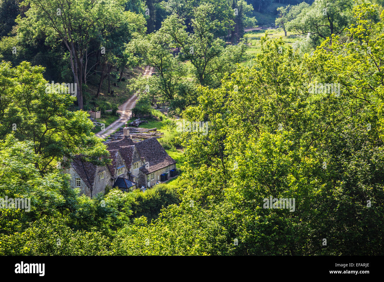 Ein ziemlich Steinhaus liegt in einem bewaldeten Tal in der Cotswold-Landschaft. Stockfoto