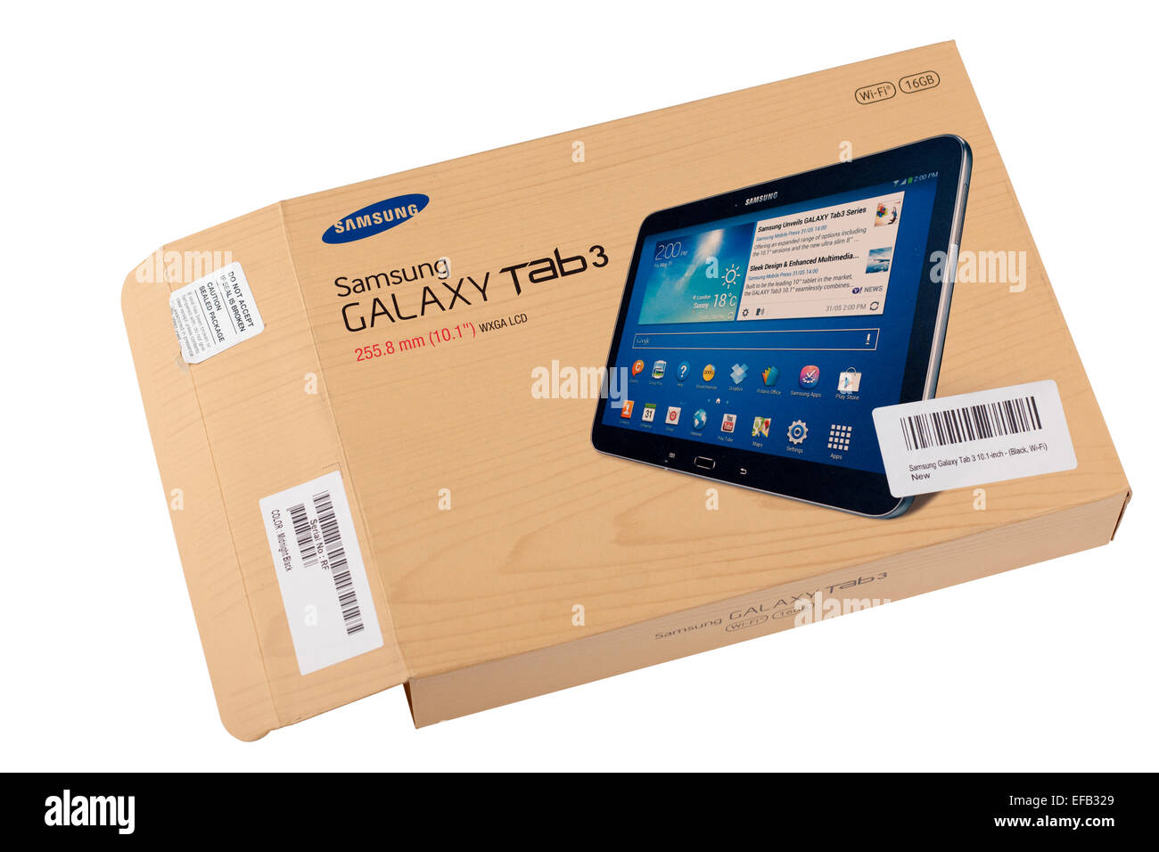 Eine leere Samsung Galaxy 10.1 16GB Tablet Tab3 Box eröffnet mit Serien entfernt und Barcodes verschlüsselt Stockfoto