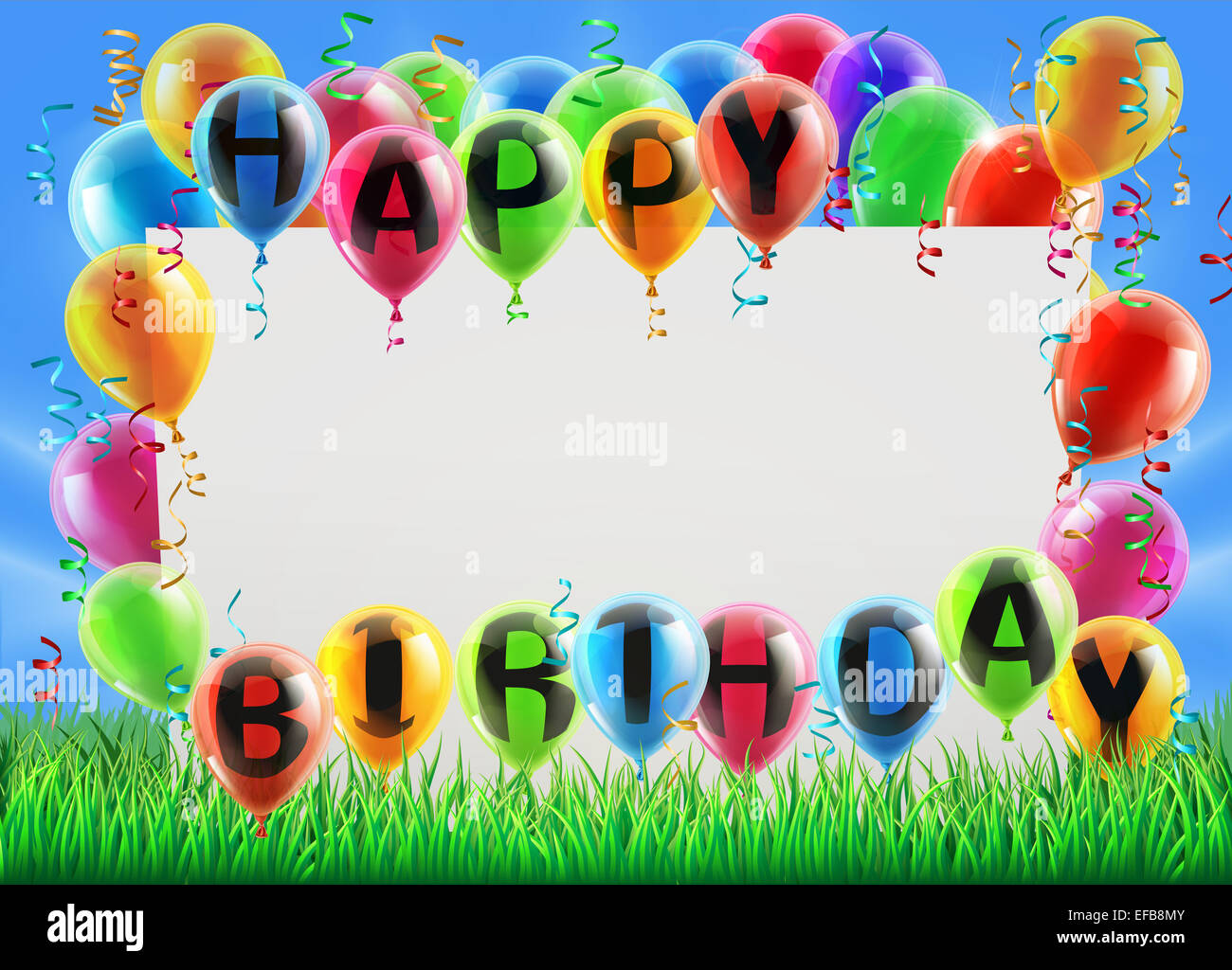 Ein Zeichen in einem Feld mit Luftballons Happy Birthday zu lesen. Ideal für eine Geburtstagsfeier einladen oder ähnliches Stockfoto