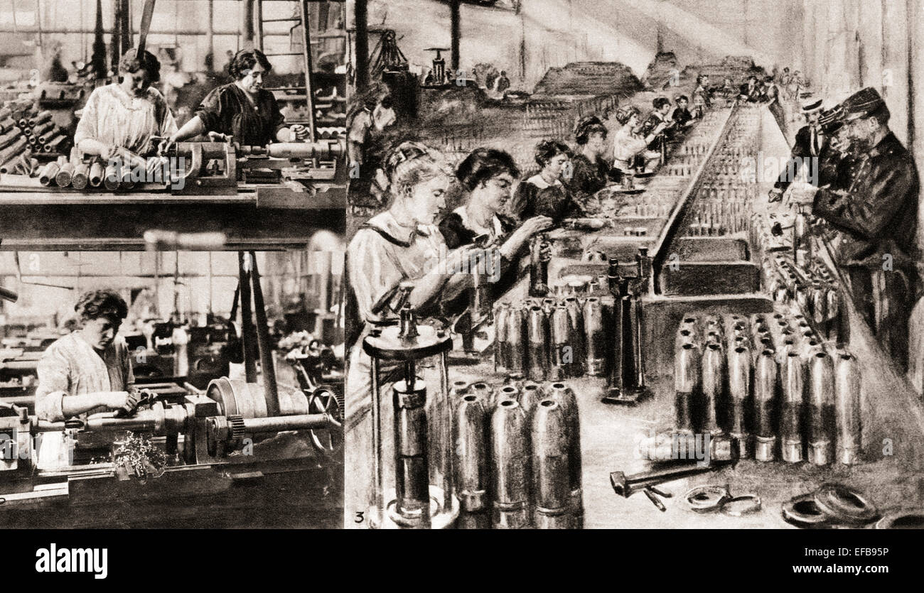 Frauen manipulieren Drehmaschinen und Testergebnisse in einer französischen Shell-Fabrik im ersten Weltkrieg. Stockfoto