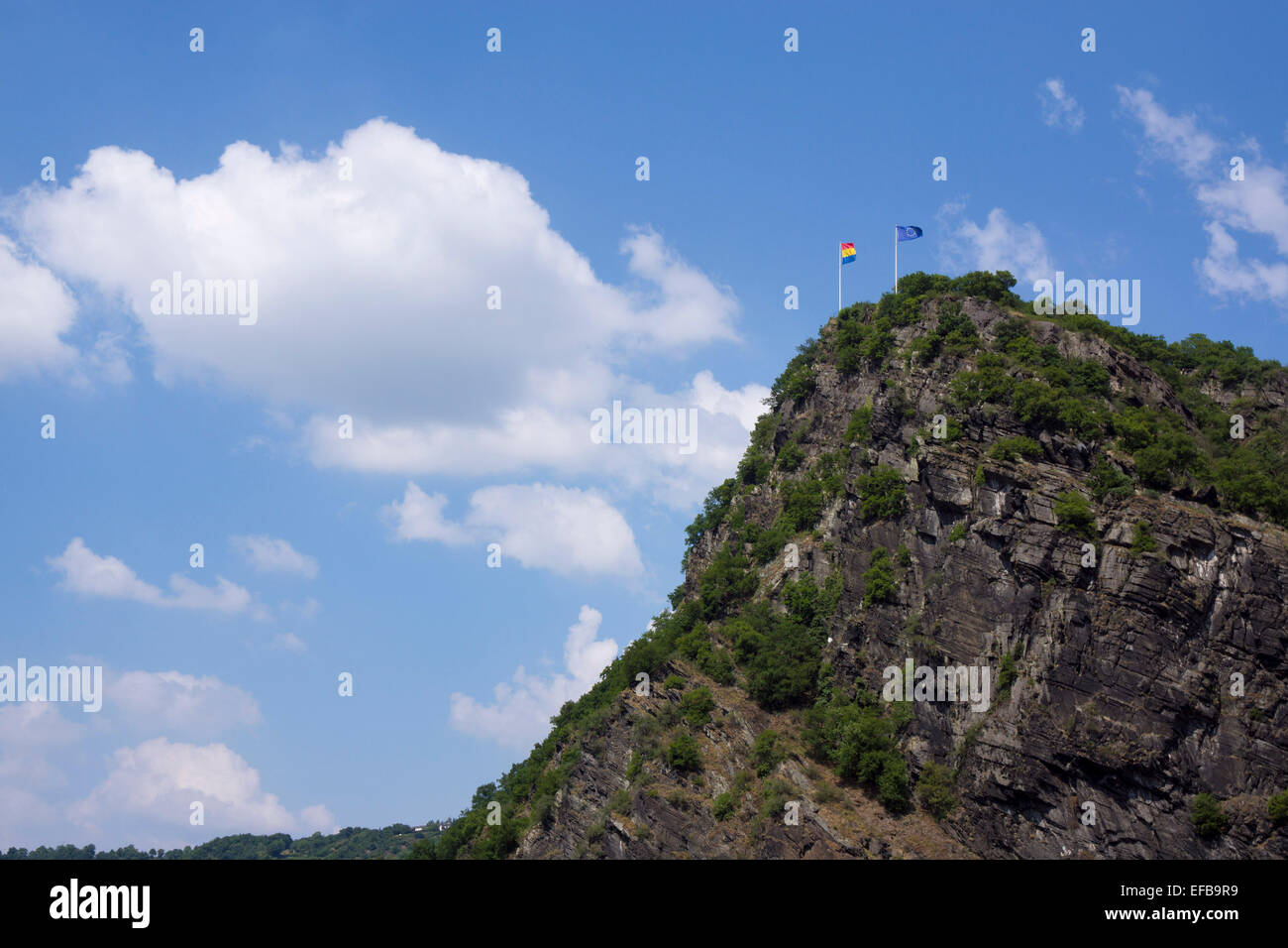 Loreley-Felsen, Schiefergestein in die UNESCO-World Heritage Oberes Mittelrheintal in der Nähe von St. Goar, St. Goar, Deutschland, Europa - 2014 Stockfoto