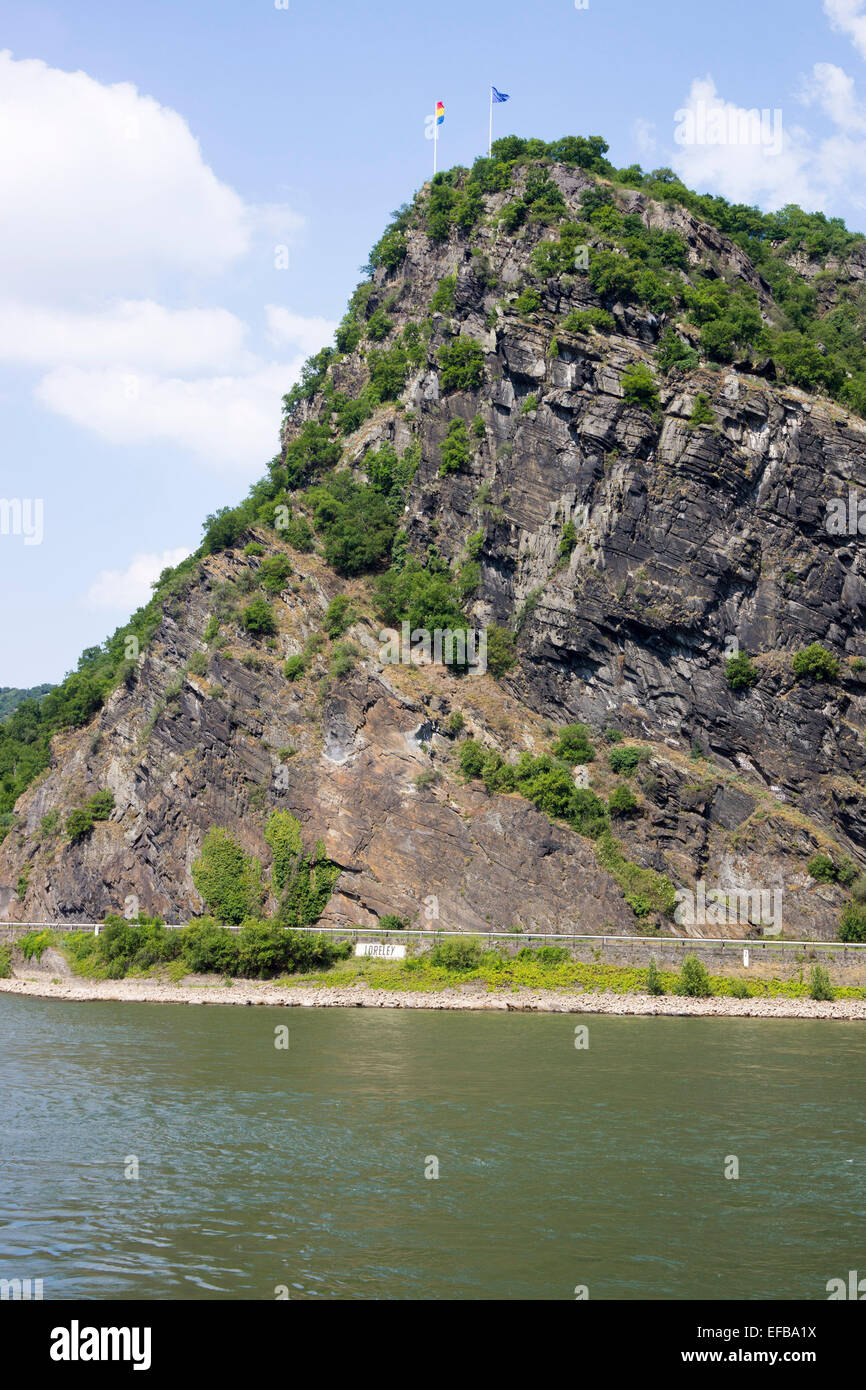 Loreley-Felsen, Schiefergestein in die UNESCO-World Heritage Oberes Mittelrheintal in der Nähe von St. Goar, St. Goar, Deutschland, Europa - 2014 Stockfoto