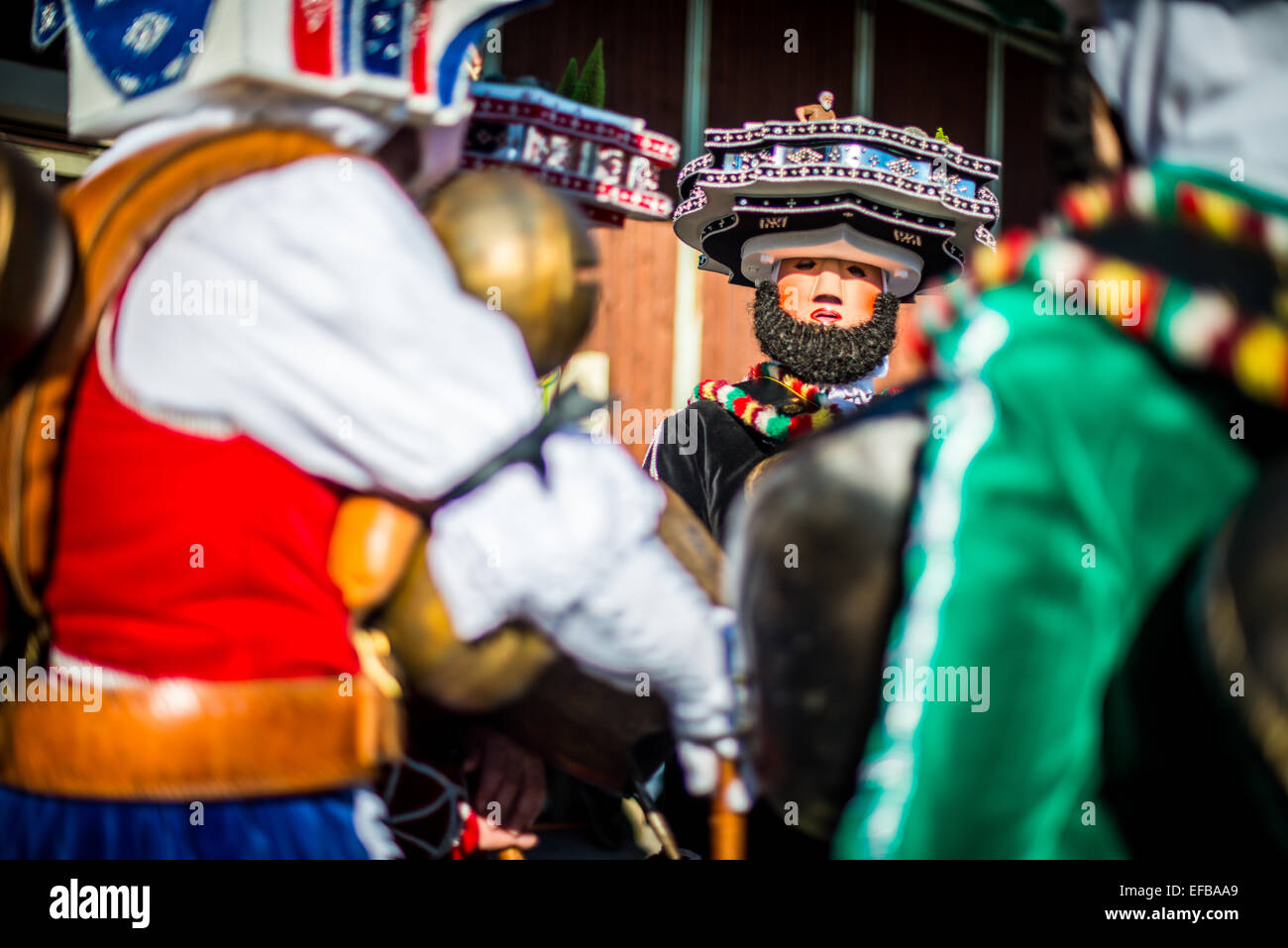 Masken der kostümierten Menschen. Während Alter Silvester 2015 in Waldstatt, Schweiz Stockfoto