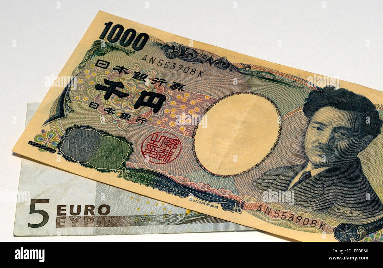 Europäische Euro und japanische Yen Banknoten Stockfoto