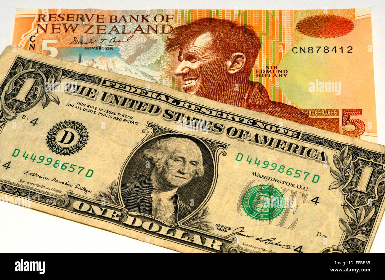 US-Dollar und Neuseeland-Dollar-Banknoten Stockfoto