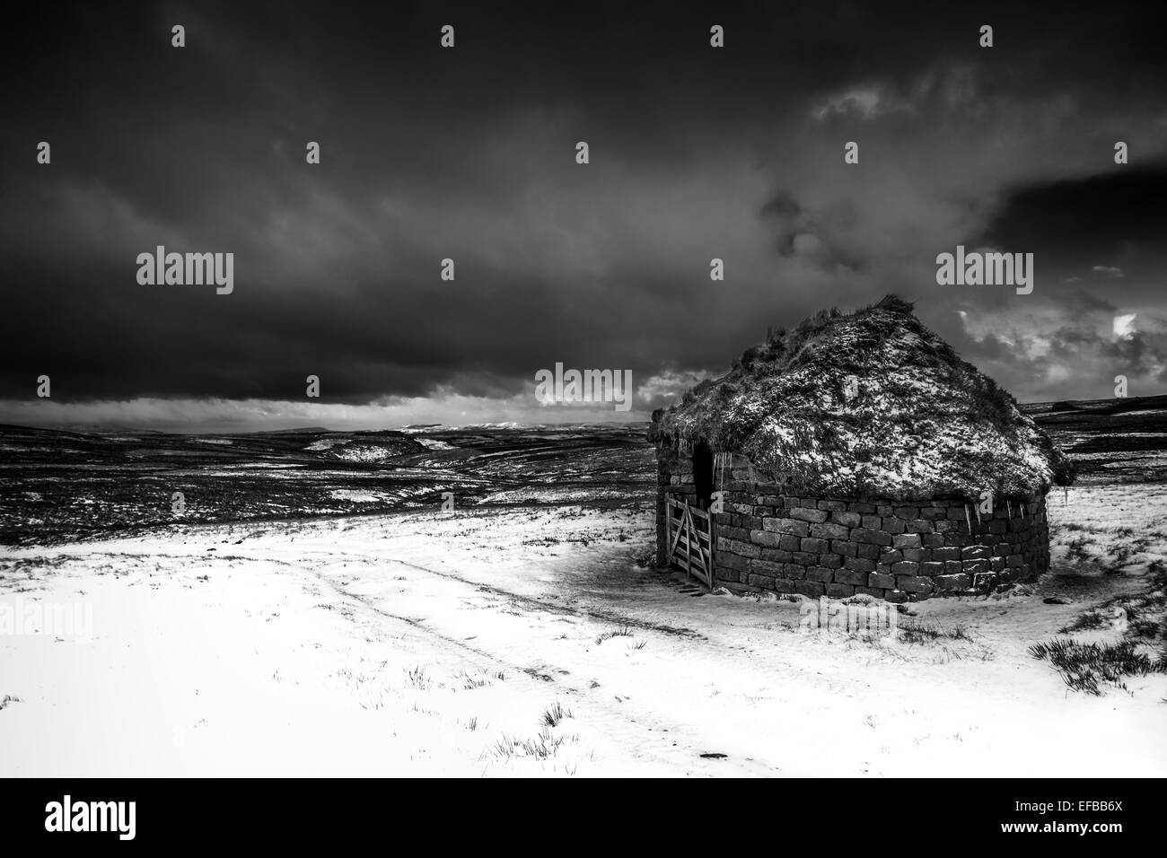 Winter Wanderung - Scheune Szene auf einem schneebedeckten Embsay Moor in den Yorkshire Dales, England, Großbritannien Stockfoto