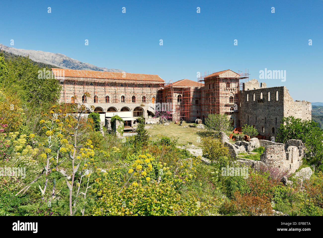 Der Palast in der byzantinischen Burg Stadt Mystras, Griechenland Stockfoto
