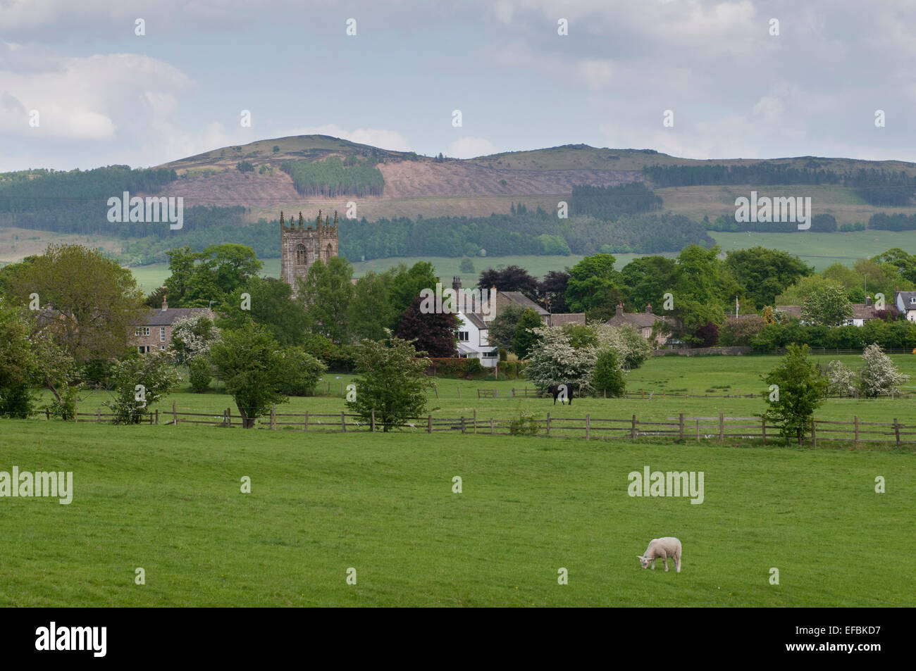 Einen malerischen Blick auf Ackerland Felder in Richtung Kirche & Häuser in einem ruhigen Dorf von Skipton & Rolling Hills - North Yorkshire, England, UK. Stockfoto