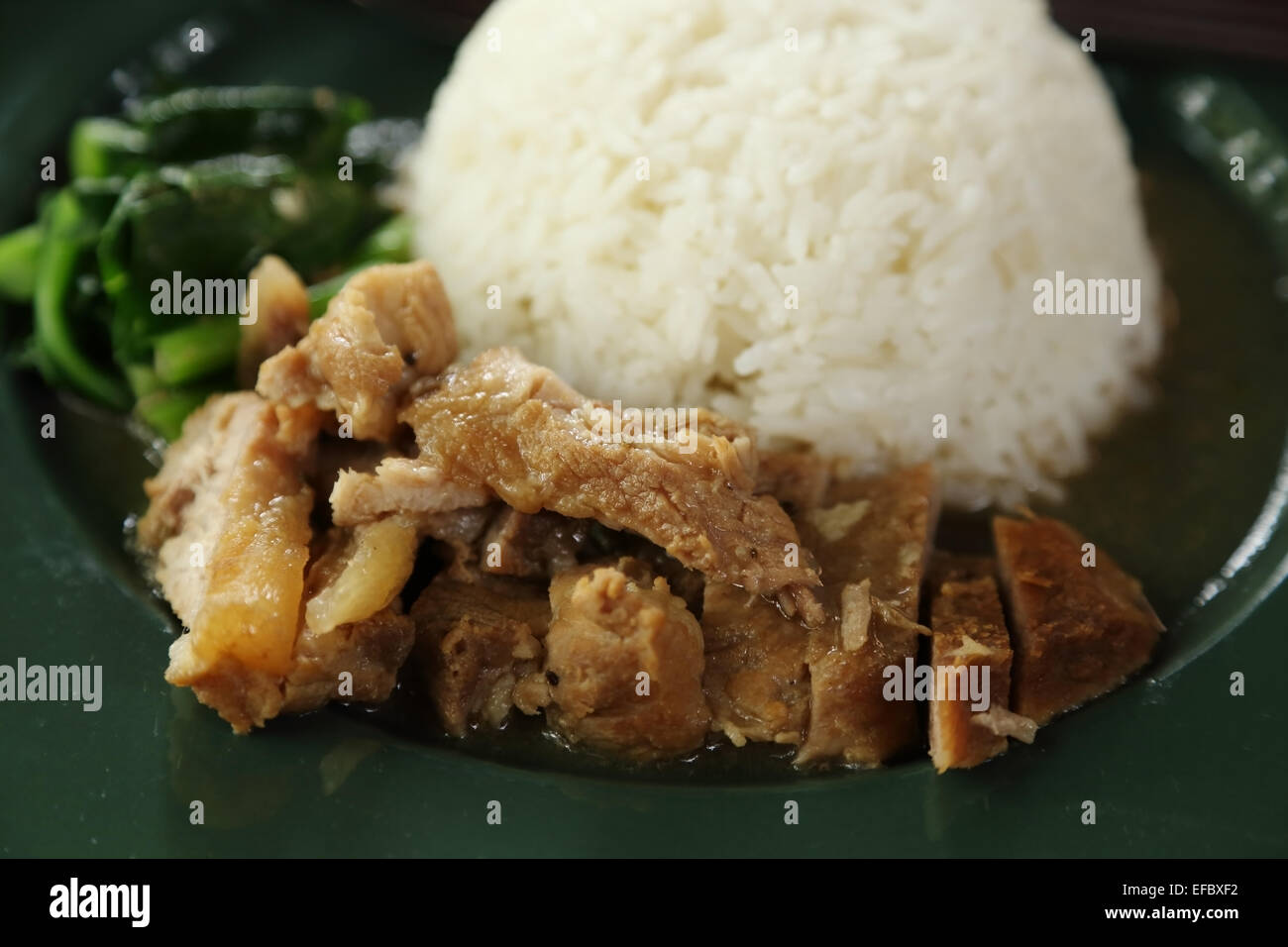 Gebratenes Schweinefleisch mit Reis auf Teller, thailändisches Essen Stockfoto