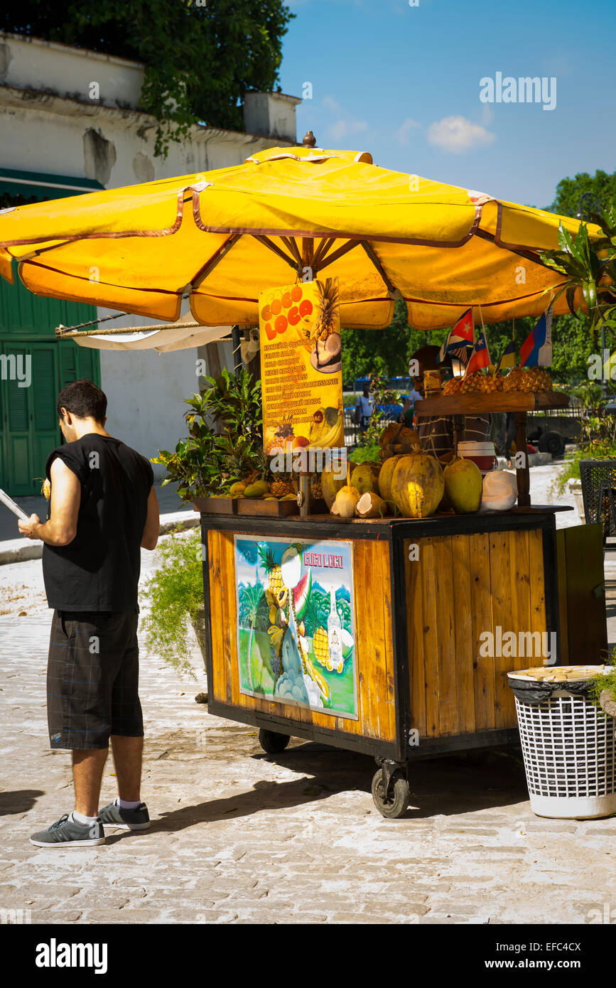 Kuba alte Havanna La Habana Vieja Getränke Stall Barrow Coco Loco Kokosnuss Ananas Mango Salat Fruchtsaftgetränk Stockfoto