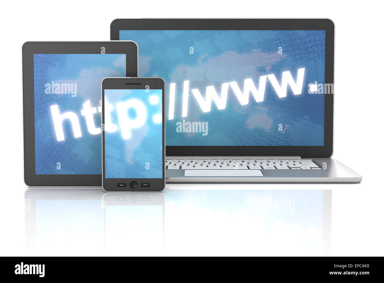 Internet-Adresse auf Laptop, digitale Tablet und Smartphone, 3d ren Stockfoto
