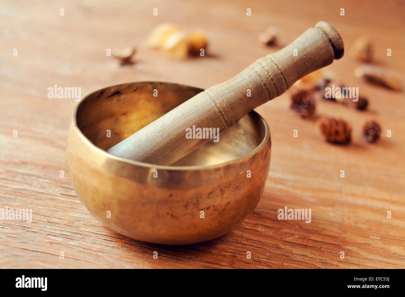 Nahaufnahme von einer tibetischen Klangschale mit seinen Hammer auf einem Tisch mit Trockenblumen Stockfoto